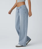 Asymmetric Low-Rise Baggy Wide-Leg Washed Jeans with Zipper Pockets