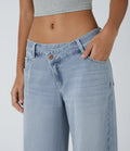 Asymmetric Low-Rise Baggy Wide-Leg Washed Jeans with Zipper Pockets