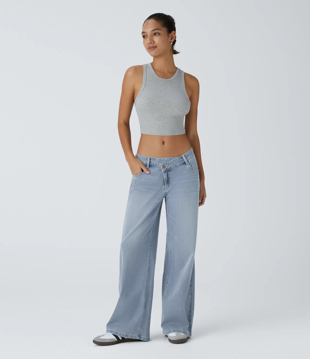 Asymmetric Low-Rise Baggy Wide-Leg Washed Jeans with Zipper Pockets