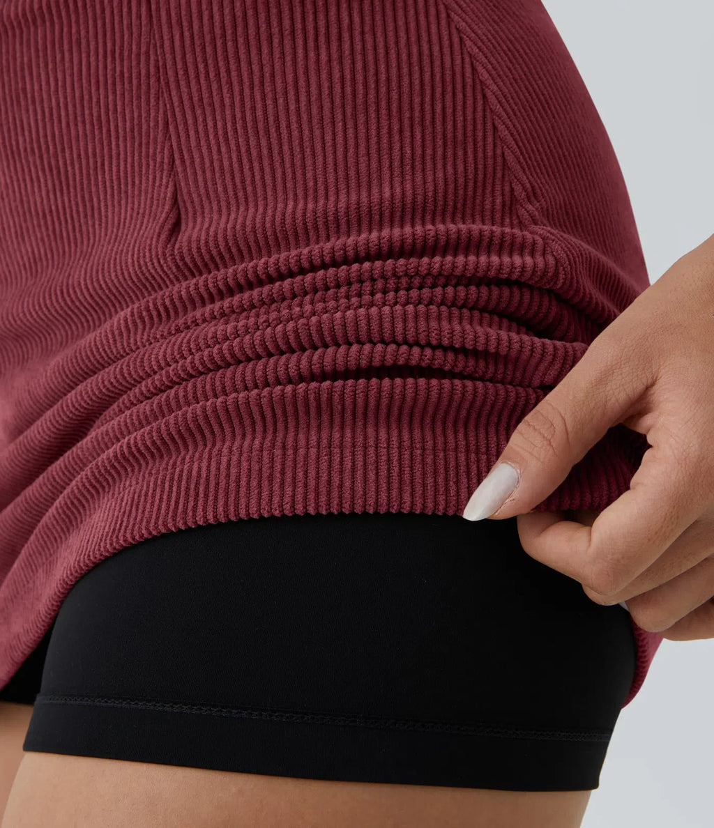 High-Waisted 2-in-1 A-Line Mini Corduroy Skirt with Shorts