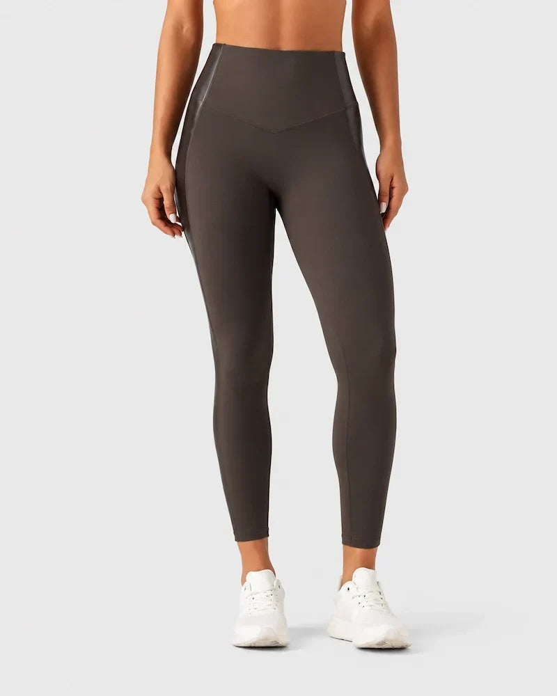 High Waisted Stretchy PU Tummy Control Yoga Leggings with Pocket